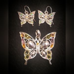 Silver Tone Base Butterfly Pendant & Earrings Set With Multi Colored Stones.